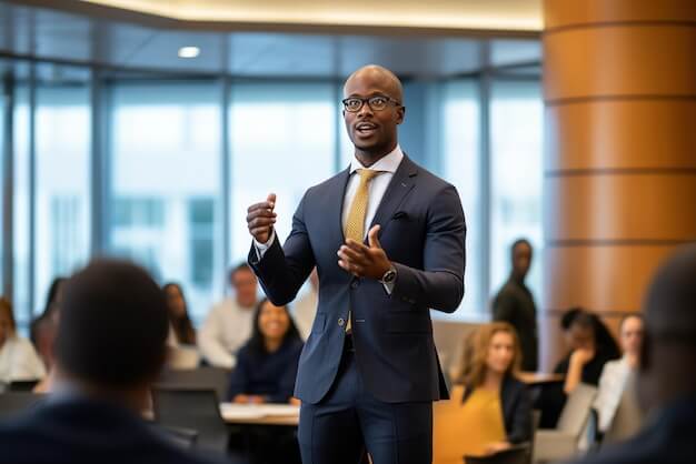 A professional man in a suit speaking, representing a partner organization.